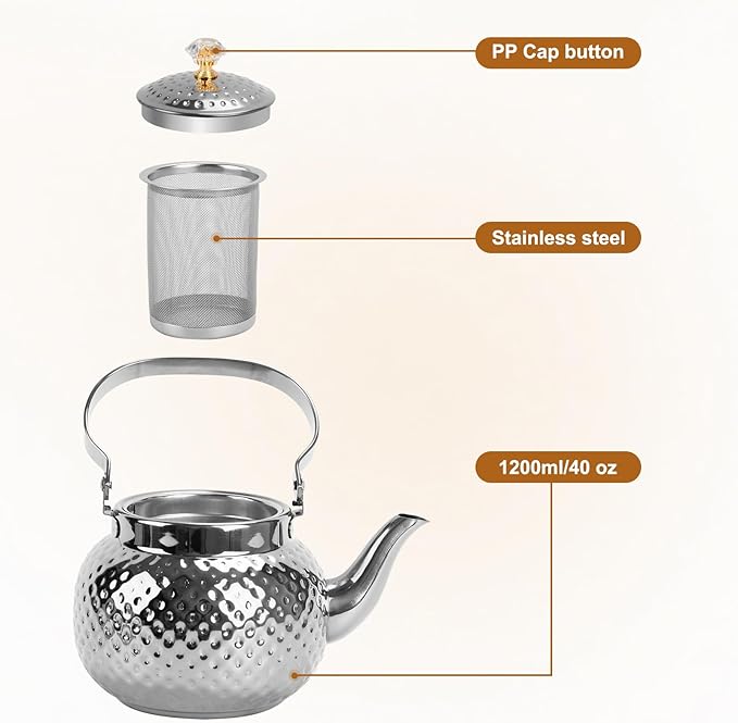 Hammered Tea Kettle, Stainless Steel Tea/Coffee Pot Loose Leaf Teapot for Tea, Milk, Coffee, 1.2L Teapot with Strainer Stovetop Tea Kettle, Outdoor Travel Supplies, Gift For Tea (Silver)