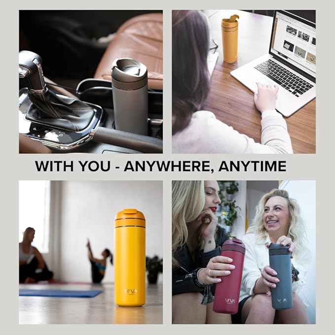 VIVA Recharge Mustard Insulated Tea & Coffee Mug & Travel French Press Coffee Maker, 16 oz, Brew & Drink From the Same Coffee Mug On the Go or Camping