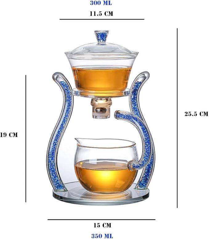 RORA Glass Teapot Set Semi Automatic Drip Rotating with Infuser Lazy Kungfu Tea pot Set (Blue)