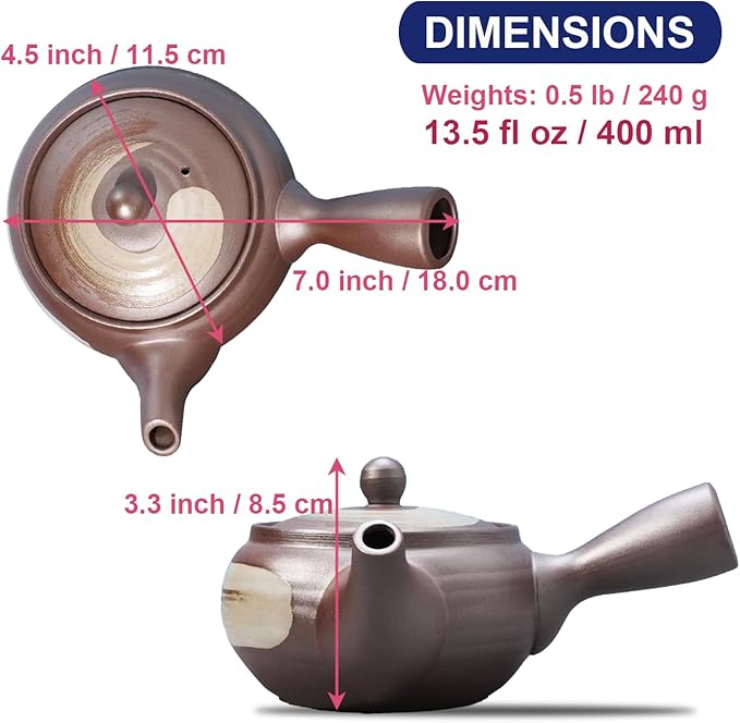Banko-Yaki Japanese Tea Pot – Traditional Japanese Tea Kettle with Stainless Steel Bottom Strainer – Heat Resistant and Durable Ceramic Teapot for Deep Steamed Tea (White Brush and Brown)