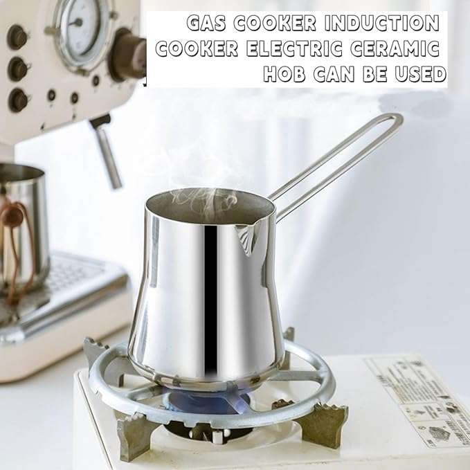 Turkish Coffee Pot, Stainless Steel Milk and Coffee Warmer, Chocolate and Butter Melting Pot with Heat Resistant Handle,Silver,550ML