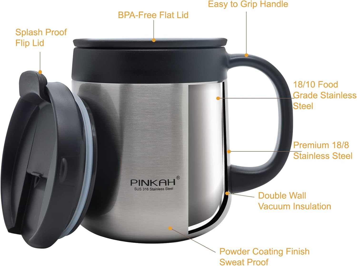 16OZ Stainless Steel Insulated Coffee Mug with Handle and Lid, Double Wall Vacuum Coffee Tumbler Thermal Cup with 2 Lids