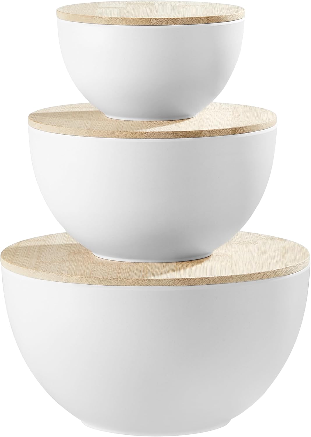 JOYMAY Salad Bowls, Mixing Bowl Salad Bowl Set, Natural Bamboo Fiber Serving Bowl Set of 3 with Bamboo Wood Lid, Nesting Bowls for Salads,Pastas(White,10