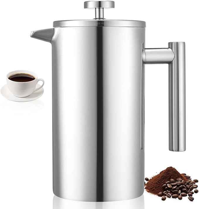 VEVOR French Press Coffee Maker, 34 Ounce 1 Liter Stainless Steel Coffee Press Tea Maker with Filter, Large Double Wall Insulated French Presses Cold Brew for Camping Travel Home Kitchen, Silver