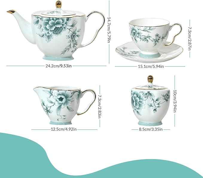 ACMLIFE Bone China Tea Sets for Adults, Blue and White Tea Gift Set, 21 Piece Porcelain, Cup and Saucer Set for 6 Vintage Floral Party for Women or Christmas Gifts Giving (Blue-Leaf-21)