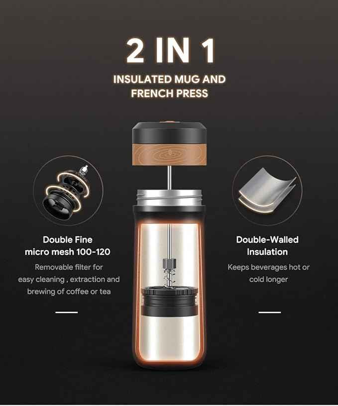 BENFUCHEN Portable French Press Coffee Maker Car-Go Vacuum Insulated Bottle, Travel French Coffee Maker With Unique Filter Stainless Steel Tea/Coffee Mug For Camping, 320ML