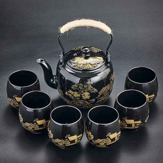 Gift Set Japanese Tea Set, Asian Black Glazed Ceramic Tea Set - Contains 1 Teapot, 1 Tea Strainer and 6 Teacups. Ideal for Home, Outdoor, Office (Black2)