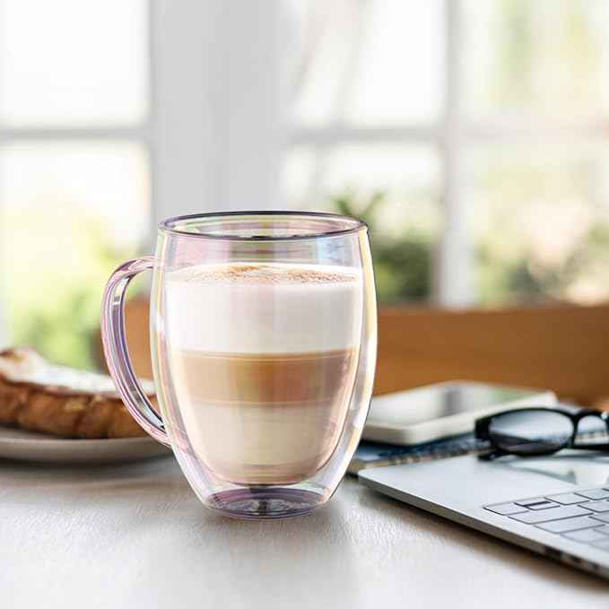 Double Wall Glass Coffee Mugs Set of 2, 12 Oz Coffee Mugs with Handle Clear Iridescent Glass Cups, Perfect for Espresso, Cappuccino, Latte, Americano, Tea Bag, Beverage