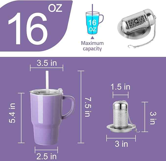Sweejar Ceramic Tea Cup with Lid, 16 OZ Portable Coffee Mug, Dishwasher Safe Travel Mug with Infuser, Reusable Teacup for Car Cup Holder, Tea Lovers(Purple)