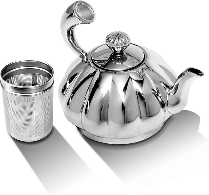 Stainless Steel Teapot with Removable Infuser - 12OZ Stovetop Safe Tea Maker Water Kettles for Loose Leaf, Small Pumpkin Tea Kettle for Coffee Tea Milk, Thickened Mirror Polished Ornaments