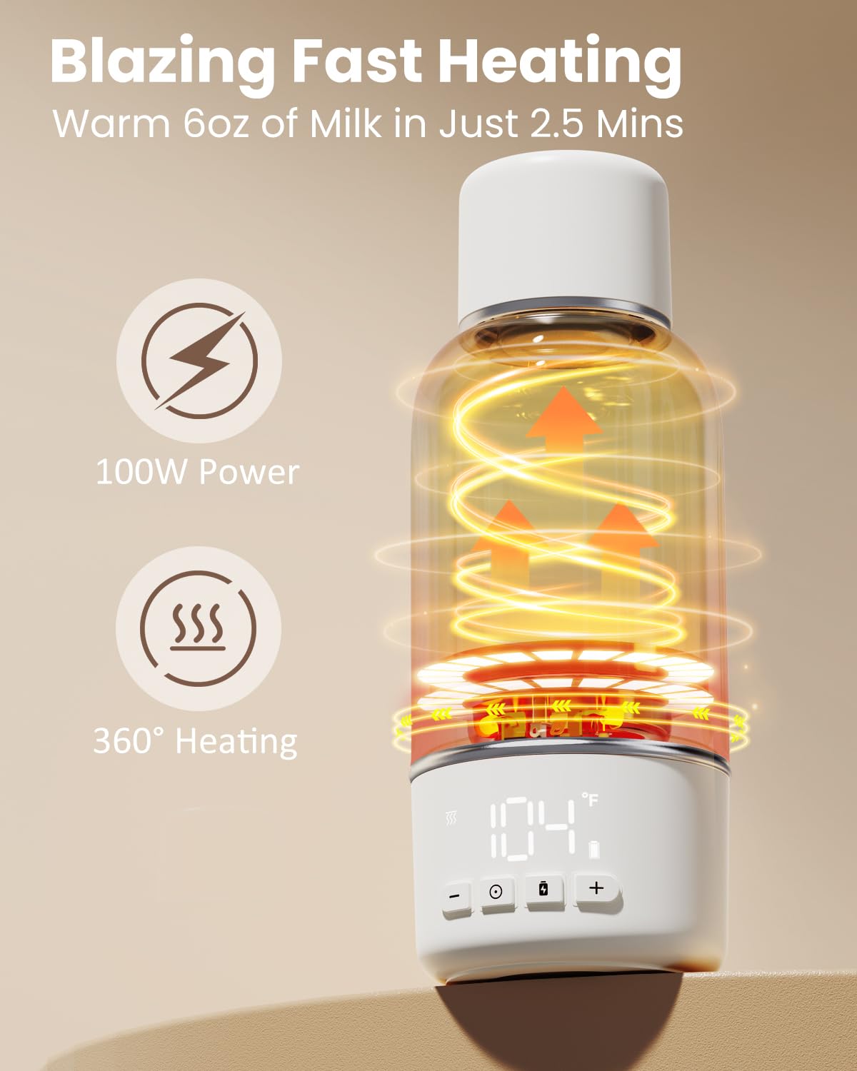 Portable Bottle Warmer for Travel, 2.5 Min Fast Heating for Breast Milk and Formula, Portable Milk Warmer with 10400mAh Long Battery, 17oz Large Capacity, Fast Charging Baby Bottle Warmer - Blissbrew