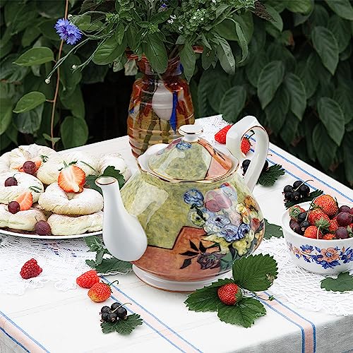 Teapot 30 oz Vangogh Paintings Bone China Loose Tea Pot Floral Design Vintage Ceramic Coffee Water Pot European Style Porcelain (30 Ounce)