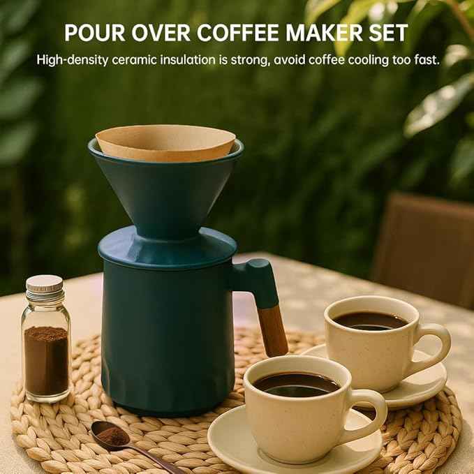 Pour Over Coffee Maker Set, Ceramic Pour Over Coffee Dripper 15.5oz/450 ml with 25 Pcs V60 Paper Filter, Coffee Pour Over Set for Camping, Green