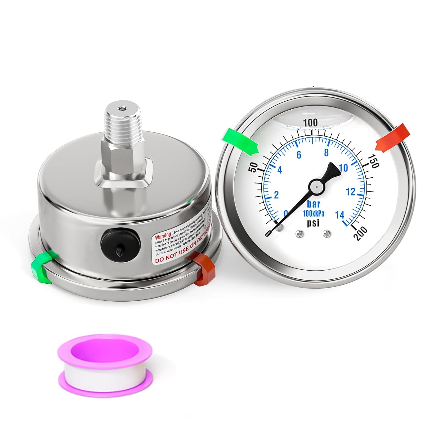 0-200PSI Stainless Steel Liquid Filled Pressure Gauge, 2.5