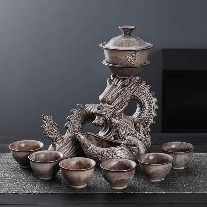 fanquare Semi Auto Kungfu Tea Set, Handmade Chinese Dragon Ceramic Tea Set Gift Box, 9 Piece Lazy Gongfu Tea Set for 6, Rotating Gaiwan, Infuser,Fair Cup, Grey