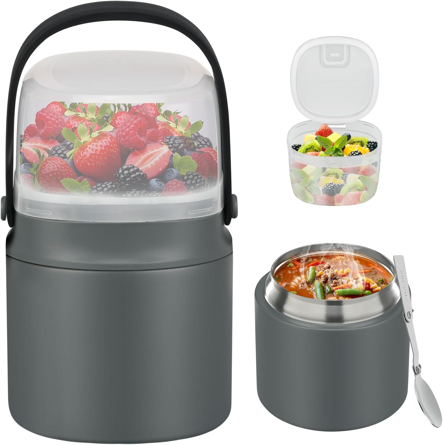 2 - in - 1 Soup Thermo for Hot Food 14oz with Snack Box Container Leak Proof Insulated Lunch Container Kids and Adults Stainless Steel Double Wall Vacuum Wide-mouth Thermal with Spoon and Handle - Blissbrew