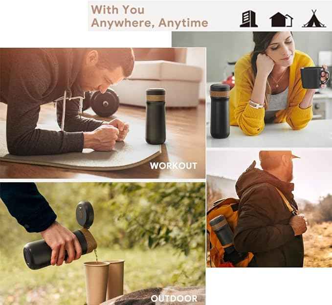 Sesama Classic Portable French Press Coffee Mug 12 oz with Carry Loop, Stainless Steel French Press Coffee Maker, BPA Free Great for Camping and Travel