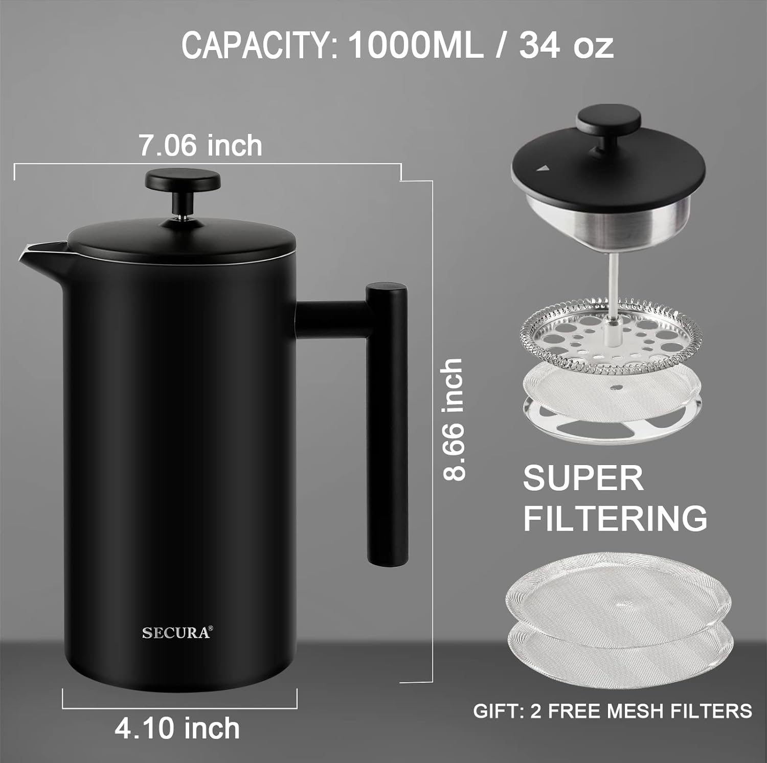 Secura French Press Coffee Maker with 3-Layer Stainless Steel Filter, 34 oz Black, Double-Walled Insulated Design with 2 Extra Filters - Blissbrew