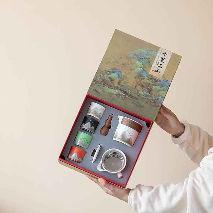 Chinese Tea Set, 7-Piece Ceramic Gongfu Set with Landscape Art, Teapot with Filter, Tea Cups, Serving Tray, Gift Box