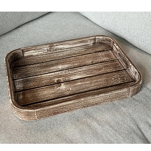 Wooden Tray 17""x13""x2"" Washed Tan Color Rounded Rectangle Stylish Rustic Farmhouse Decor Serving Platter