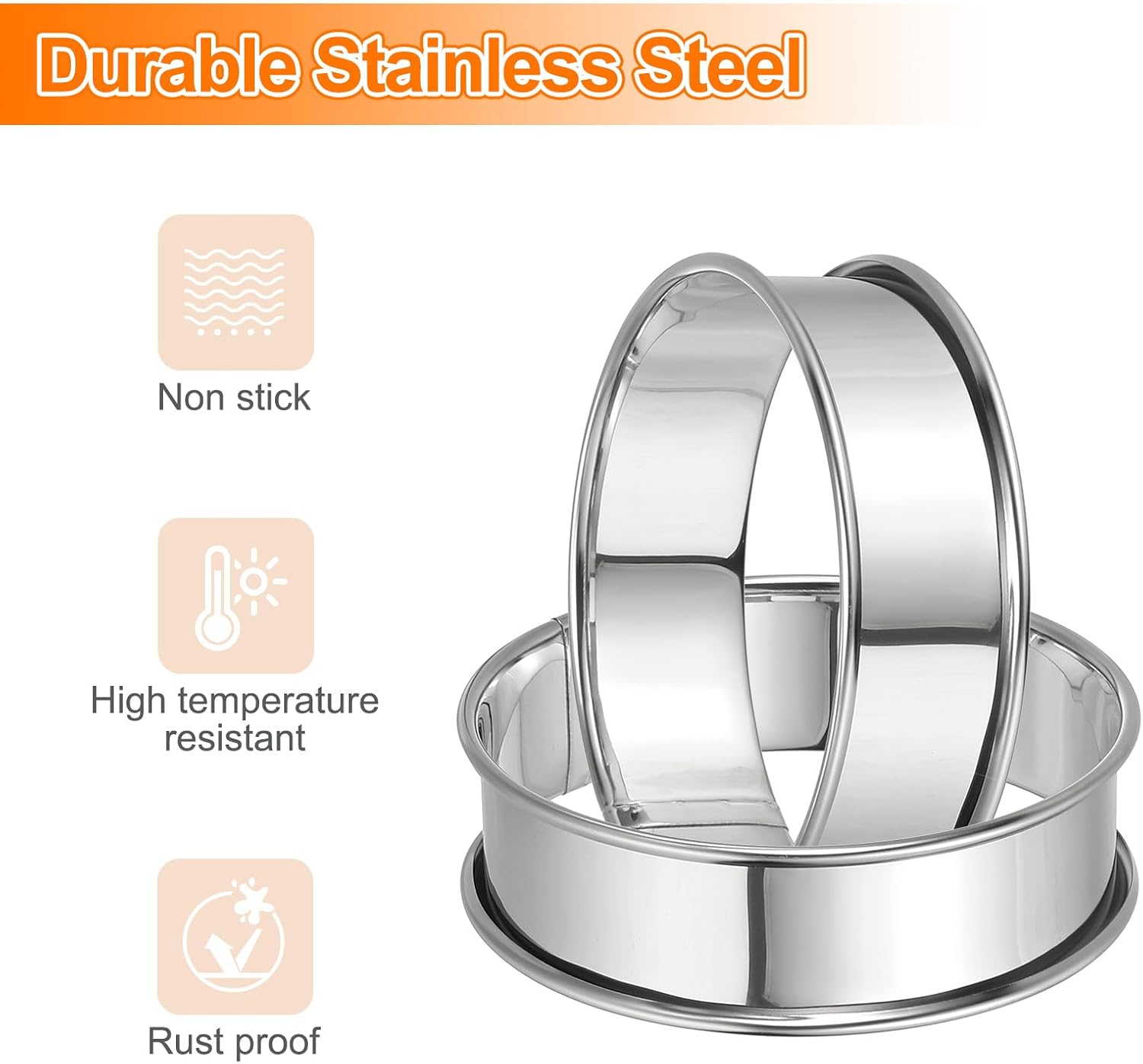 HARFINGTON 4pcs Crumpet Rings 3.94" Nonstick Round Cake Ring Stainless Steel Double Rolled English Pastry Rings for Kitchen Baking Crumpet Dessert, Silver