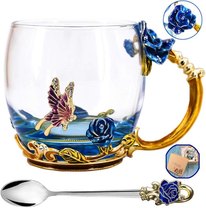 Luka Tech Enamels Butterfly flower Lead-free Glass Coffee Mugs Tea Cup with Steel Spoon, personalised Gifts For Women Wife Mom Friends Birthday Mothers Valentines Day Wedding (Blue)