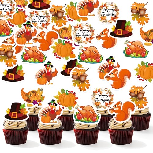 72PCS Edible Thanksgiving Day Cupcake Toppers Wafer Paper Autumn Food Cake Decorations Edible Pumpkins Cupcake Picks for Autumn Thanksgiving Party Birthday Decor Supplies