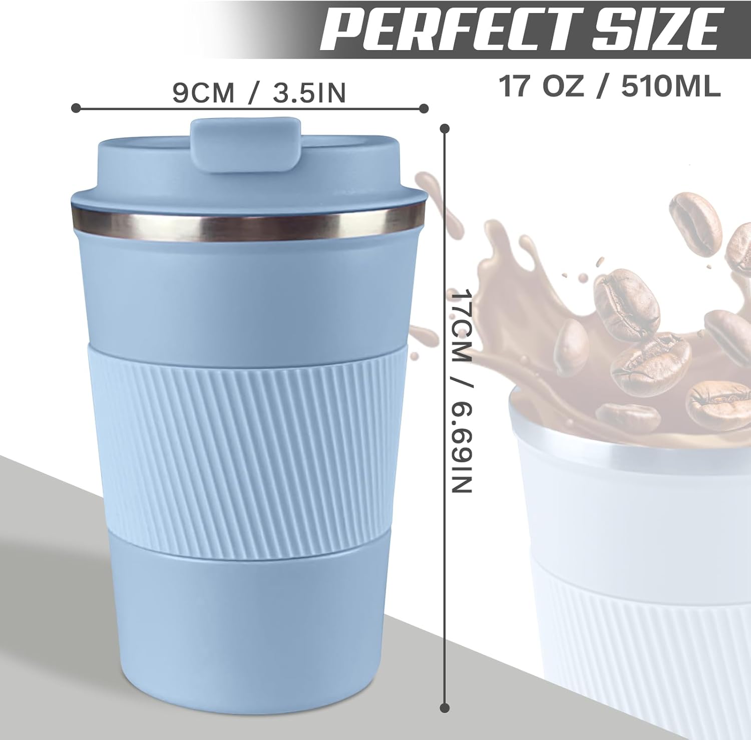 Vacuum-Insulated Stainless Steel Travel Coffee Mug, Leak-Proof Reusable Coffee Cup with Lid - Keep Hot & Cold Drinks for Hours, Durable Thermos Tumbler for Men & Women (3rd-Light Blue, 17OZ)