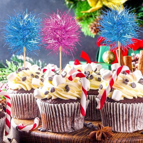 100 Pcs Foil Firework Cupcake Toppers Sparkle Tinsel Cake Toppers Cake Decoration Cocktail Fruit Toothpick for Christmas Birthday Wedding Graduation Party Decoration