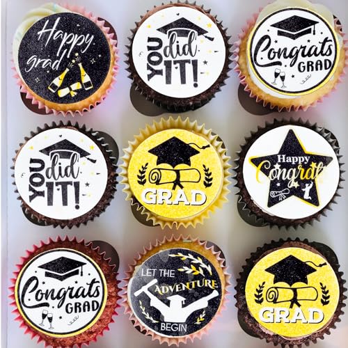 48Pcs Edible Graduation 2026 Cupcake Toppers Wafer Paper Grad Cap Diploma Cake Decoration Picks for 2026 Grad Theme Party Cake Decor Supplies Black Gold (48 Count)