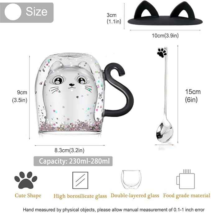 Gifts for Women Cat Gifts Double Walled Glass Coffee Latte Cup Cute Stuff Black Cat Mug Gifts for Her Christmas Stocking Fillers,Birthday,Valentines,Halloween Presents for Women,Men,Kid,Mum,Teacher