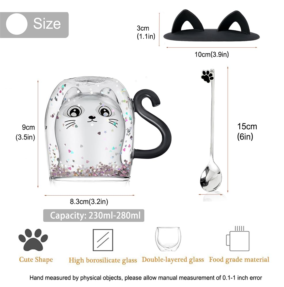 Glittery Black Cat Double Walled Glass Coffee Latte Cup