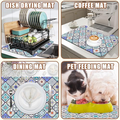 Colorful Tiles Dish Drying Mat for Kitchen Counter Coffee Mat Hide Stain Absorbent Non