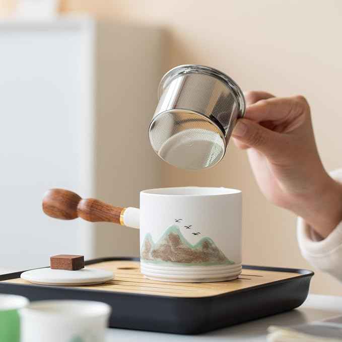 Chinese Tea Set, 7-Piece Ceramic Gongfu Set with Landscape Art, Teapot with Filter, Tea Cups, Serving Tray, Gift Box