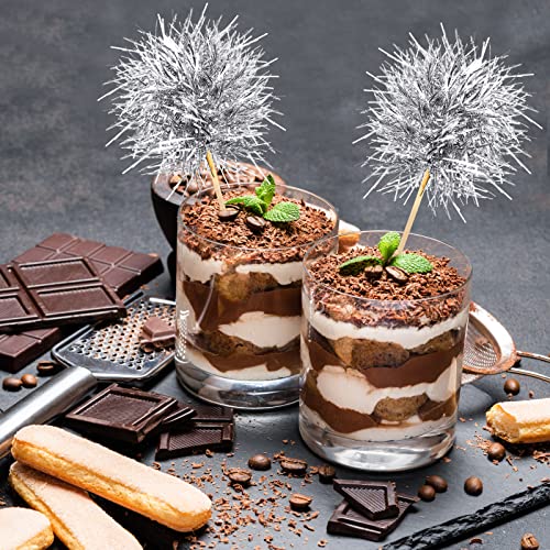 100 Pcs Silver Foil Firework Cupcake Toppers New Year Sparkle Tinsel Cake Toppers Cake Decoration Cocktail Fruit Toothpick for Birthday Wedding Graduation Party (100 Count)