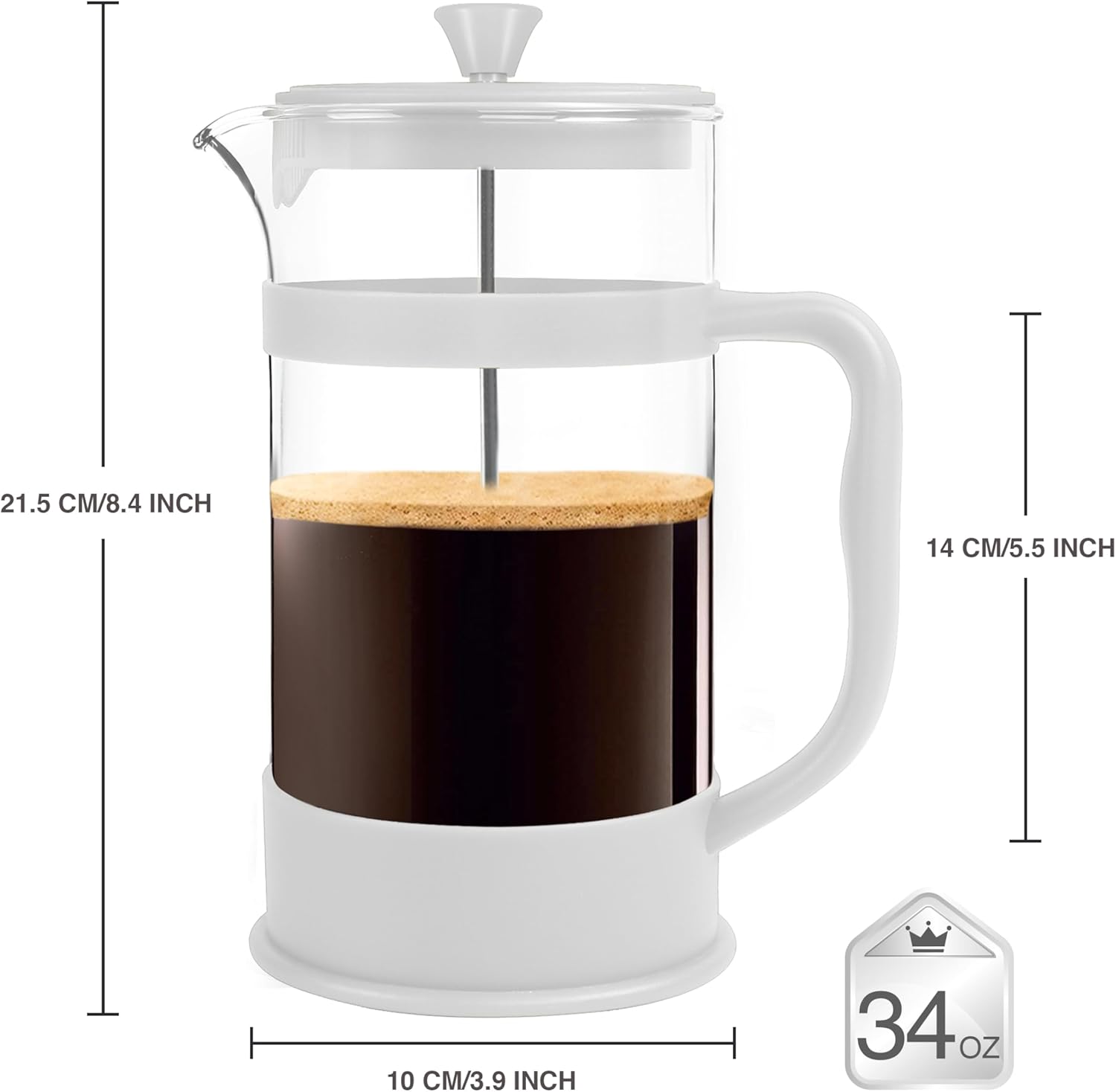 Utopia Kitchen French Press Espresso and Tea Maker with Triple Filters, Stainless Steel Plunger and Heat Resistant Borosilicate Glass (White, 34-oz (Pack of 1)) - Blissbrew