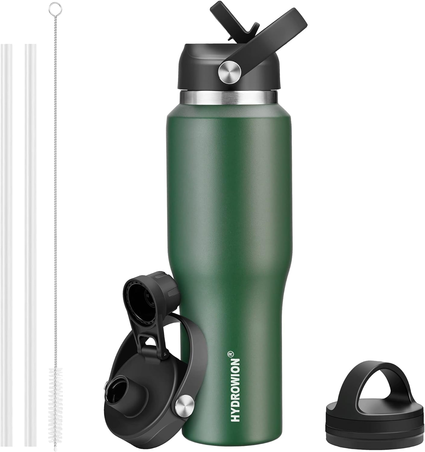 40 oz Insulated Water Bottle with Straw fit in Car Cup Holder(Cold 48 hrs, Hot 24 hrs) Drinking Bottle with Straw Lid, Spout Lid and Flex Cap Leakproof Travel Thermo Mug，Olive