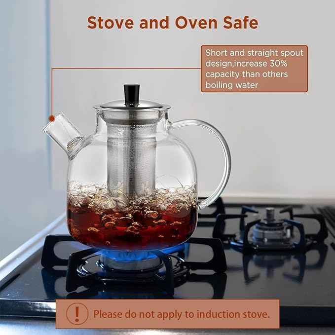 1500ml(50oz) Glass Teapot with Removable Infuser, Ehugos Stovetop Safe Large Tea Pot, Blooming and Loose Leaf Hand Crafted Kettle for Women and Adult with Stainless Infuser