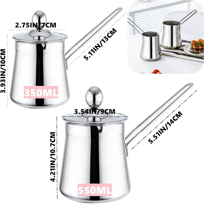 Turkish Coffee Maker, Stainless Steel Briki Greek Arabic Coffee Pot with Heat Resistant Handle and Lid,Silver,350ML
