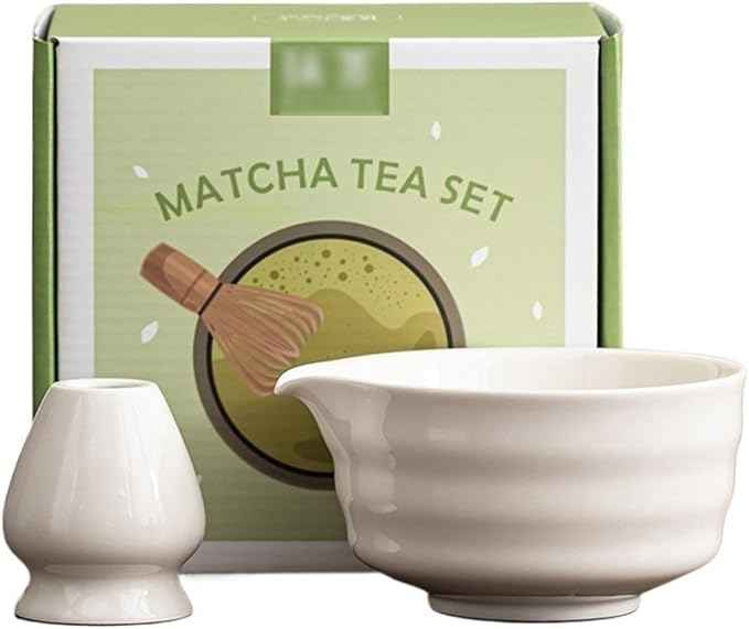 Ceramic Matcha Kit for Breakfast Afternoon Tea Contains Bowl Tea Brush Stand, Visiting Gifts Matcha Bowl Set Entertaining Guests Negotiating Business(White-A)