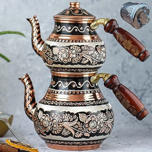 Copper Turkish Teapot Tea Kettle Pots Set for Stove Top Stovetop Decorative Infuser Vintage Antique Arabic Farmhouse Tray Cups Serving Party Moroccan Decor Style Persian Kitchen Fancy