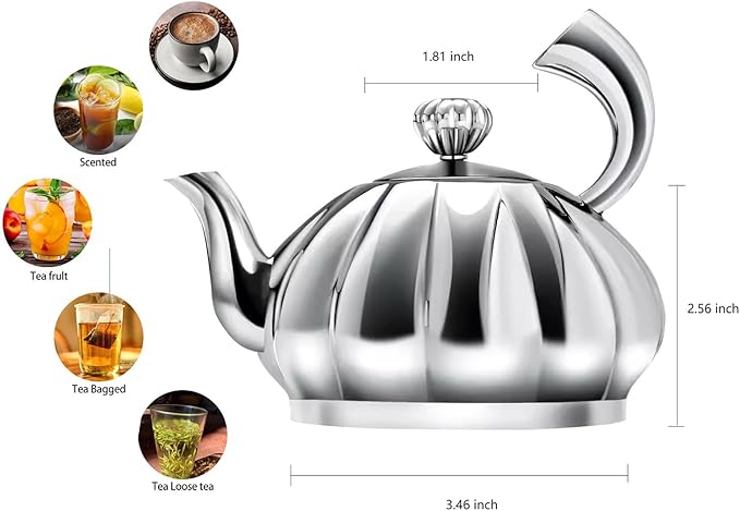 Stainless Steel Teapot with Removable Infuser - 12OZ Stovetop Safe Tea Maker Water Kettles for Loose Leaf, Small Pumpkin Tea Kettle for Coffee Tea Milk, Thickened Mirror Polished Ornaments