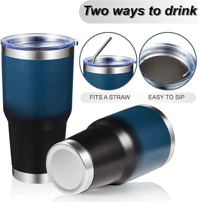 MEWAY 30oz Insulated Tumbler With Lids and Straws,Stainless Steel Double Vacuum Coffee Tumbler Cup, Brush, Durable Powder Coated Coffee Cup for Cold & Hot Drinks(Blue Black, 8 PACK)