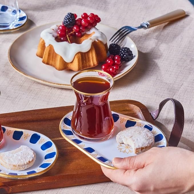 KARACA Belem Turkish Tea Glasses Set, 12-Piece Tea Set for 6 People, Tea Glasses with Gold Rim and Navy Blue Accents