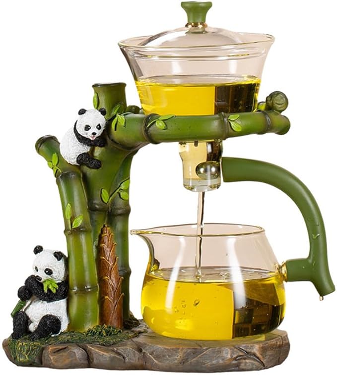 RORA Lazy Kungfu Glass Tea Set Semi Automatic Drip Rotating with Infuser Glass Teapot (Green Panda)