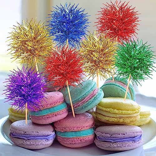 100 Pcs Foil Firework Cupcake Toppers Sparkle Tinsel Cake Toppers Cake Decoration Cocktail Fruit Toothpick for Birthday Wedding Graduation Party