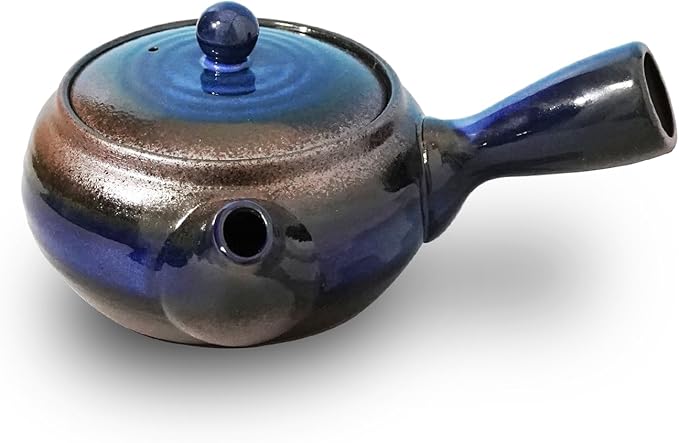 Banko-Yaki Japanese Tea Pot – Traditional Japanese Tea Kettle with Stainless Steel Bottom Strainer – Heat Resistant and Durable Ceramic Teapot for Deep Steamed Tea (Deep Blue)