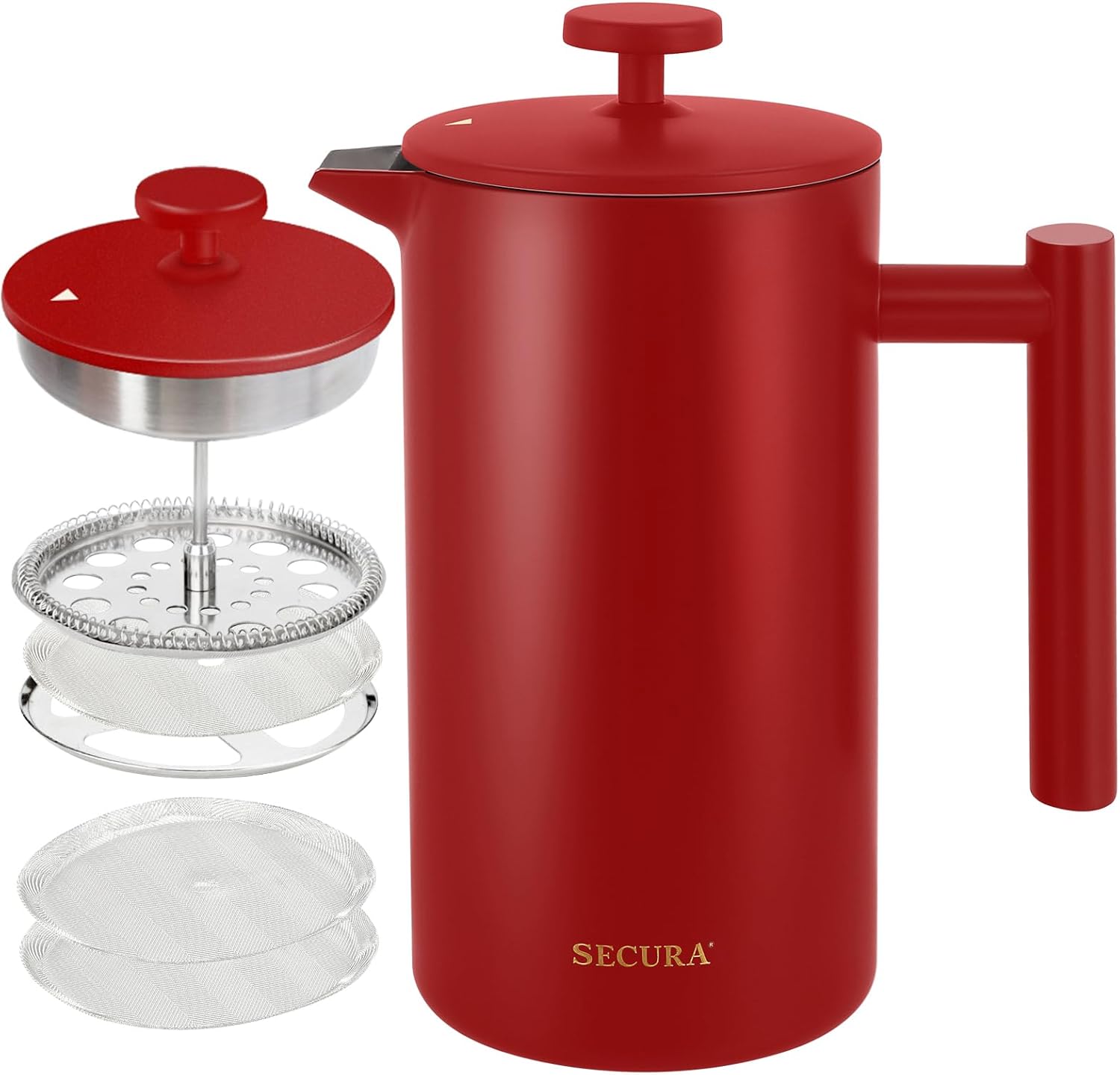 Secura French Press Coffee Maker, Double-Wall 304 Grade Stainless Steel Coffee Press with 2 Extra Screens, 34oz (1L), Red - Blissbrew