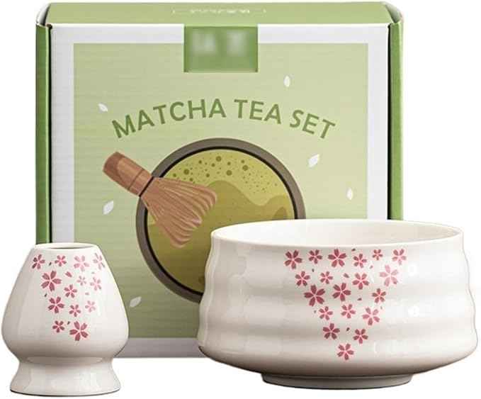 Ceramic Matcha Kit for Breakfast Afternoon Tea Contains Bowl Tea Brush Stand, Visiting Gifts Matcha Bowl Set Entertaining Guests Negotiating Business(Flower)