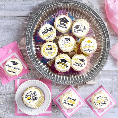 48Pcs Edible Graduation Cap 2026 Cupcake Toppers Wafer Paper Grad Cap Diploma Cake Decoration Picks for 2026 Grad Theme Party Cake Decor Supplies Black White Gold (48 Count)